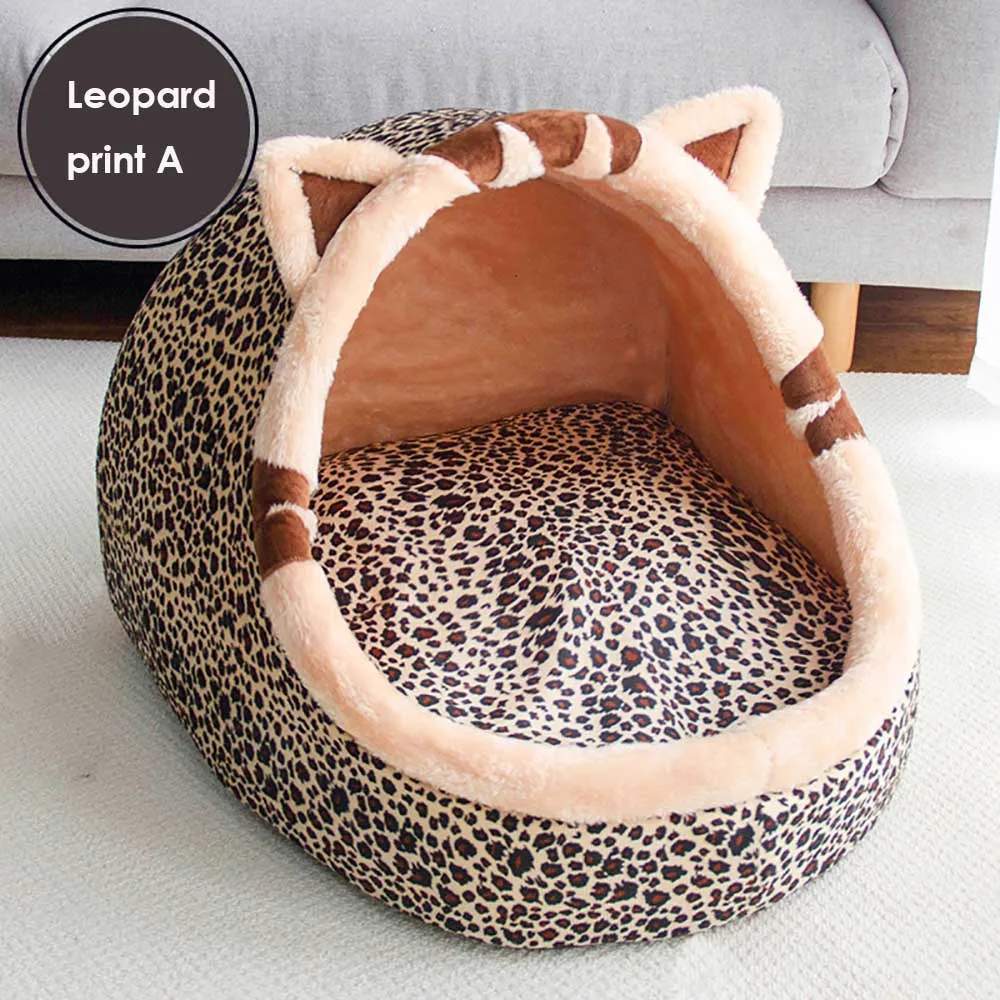 Милый Кот Мягкий домик для домашних животных кошки кровать теплое гнездо для маленьких собак спальный моющийся коврик Домашние животные складные домики щенок котенок кровать продукт - Цвет: Leopard print A