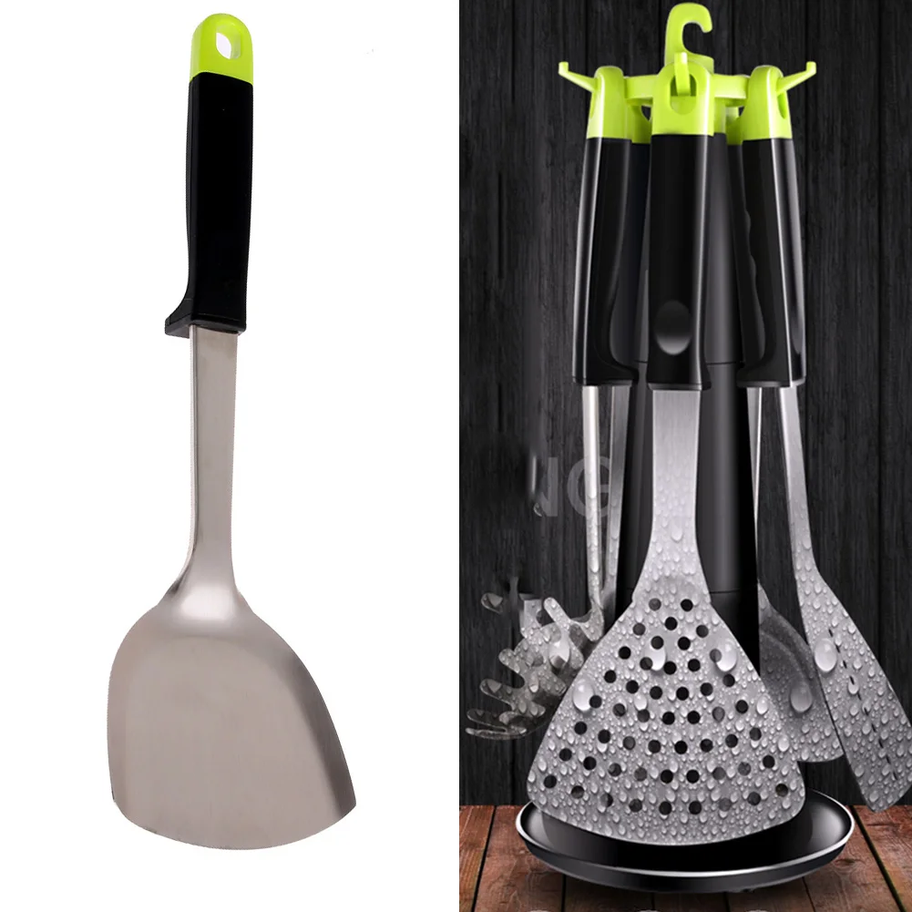 5pcs Stainless Steel Cooking Utensil Tool Set Truner Soup Ladle Spatula Colander Noodle Fork With Holder Kitchen Accessories