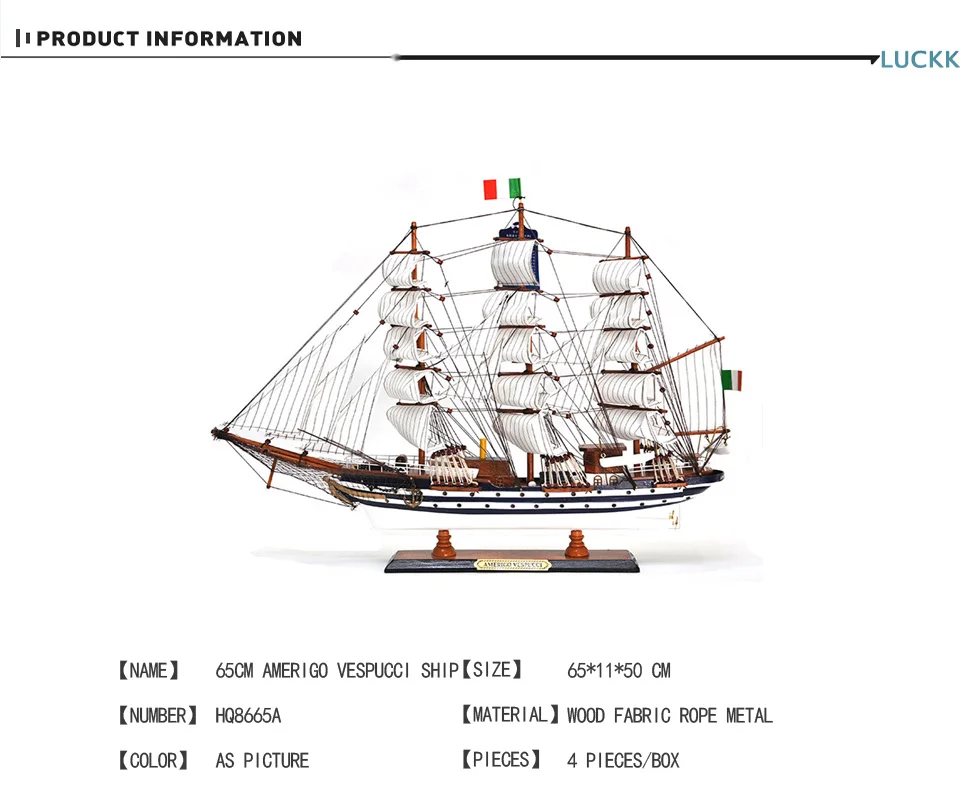 LUCKK 65 см AMERIGO VESPUCCI морская деревянная модель кораблей миниатюрная парусная лодка для домашнего офиса украшение интерьера деревянные поделки детский подарок