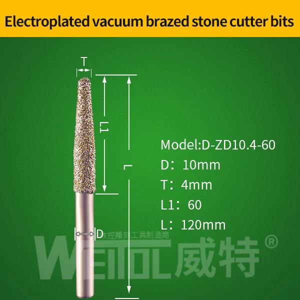 Weitol 10 мм гальванизированные алмазные наждачные каменные режущие биты конические Вакуумные Паяные Фрезы с ЧПУ режущее долото для гранита - Длина режущей кромки: D-ZD10.4-60