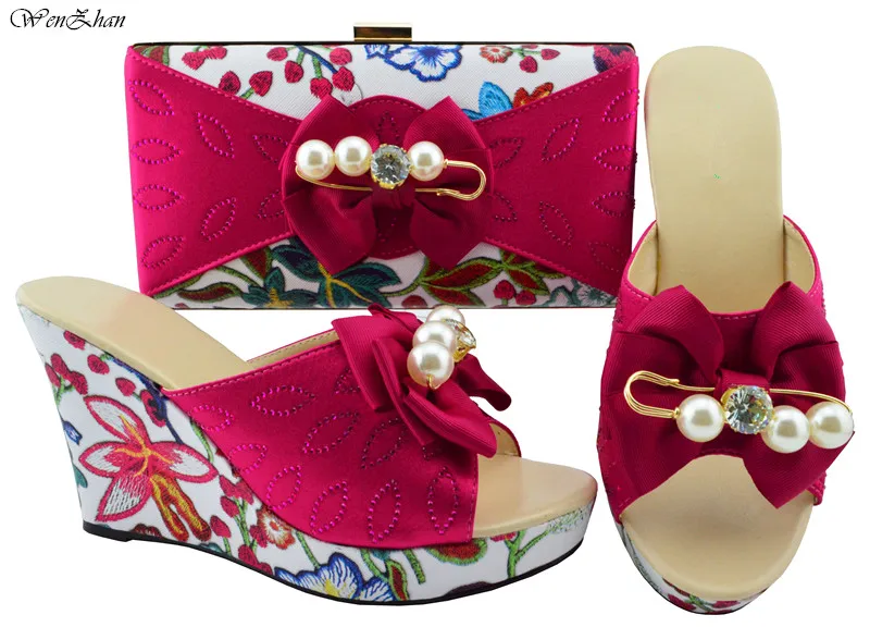 

Fashion Shoes and Matching Bag Fuchsia Color Italian Matching Wedges Shoes and Bag Set With String Pearls Wedding Shoes B87-13
