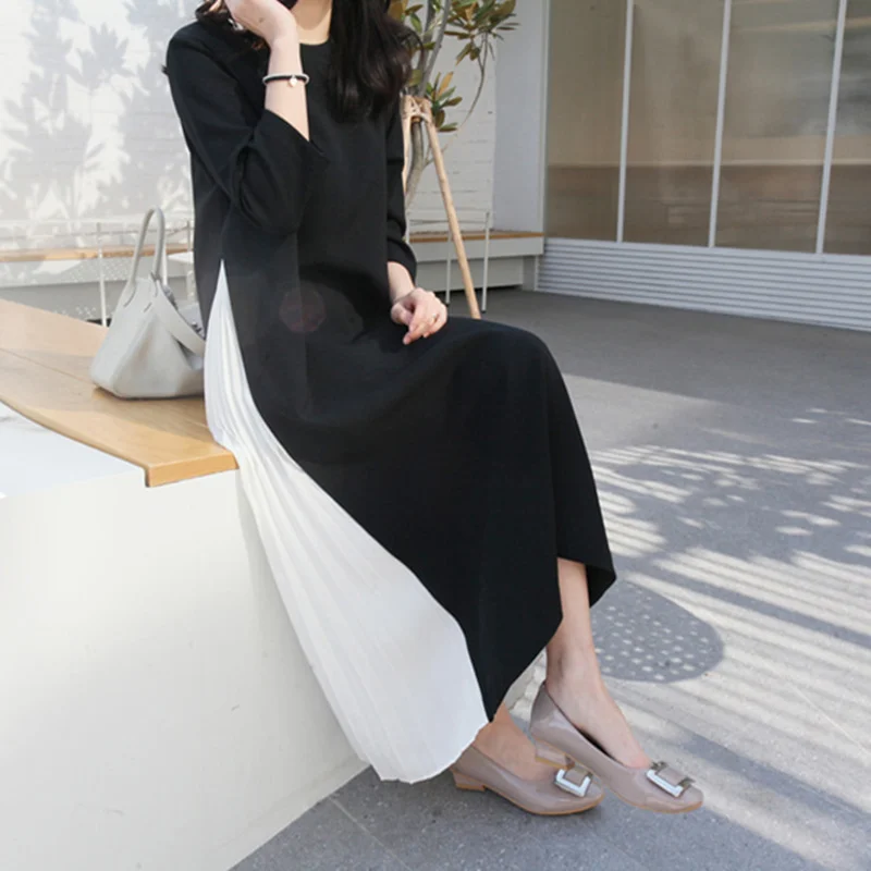 

LANMREM 2019 Summer New Fashion Temperament Women Loose Plus Casual Stitching Chiffon Round Neck Long Sleeve Dress TC202