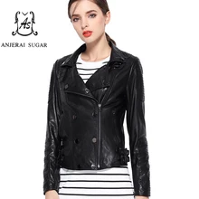 Весенняя куртка из натуральной овчины женская одежда черный цвет двубортный дизайн короткая мотоциклетная кожаная куртка