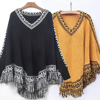 

Lady V-Neck Batwing Sleeve Fringes Autumn Knitted Cape Sweater Shawl Coat