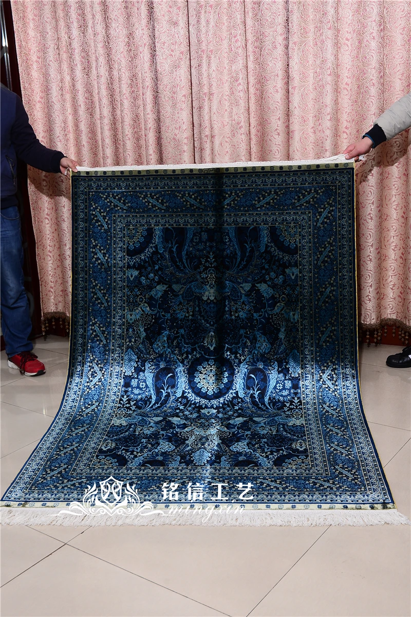 4'x6' Черный Синий Шелковый ковер ручной работы Персия ковры Восточный шелковый ковер мягкие ковры для гостиной