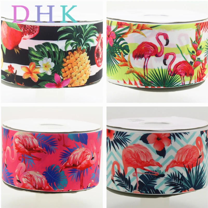 

DHK 3'' 50yards Flamingo Leaf Fruits Printed Grosgrain Ribbon Accessory Material Headwear Decoration Wholesale Craft S866