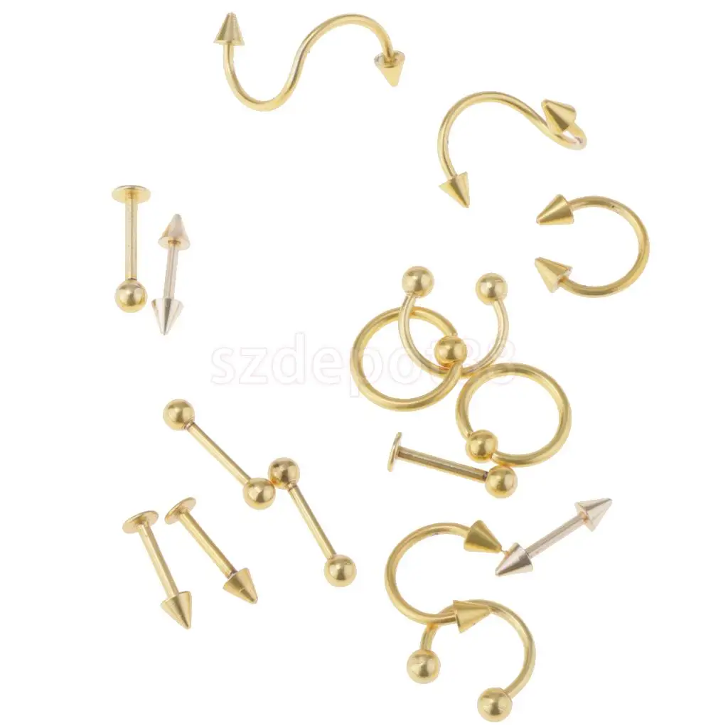 16 Pieces 16g Stainless Steel Assorted Eyebrow Ear Lip Navel Ring Body Piercing Kit