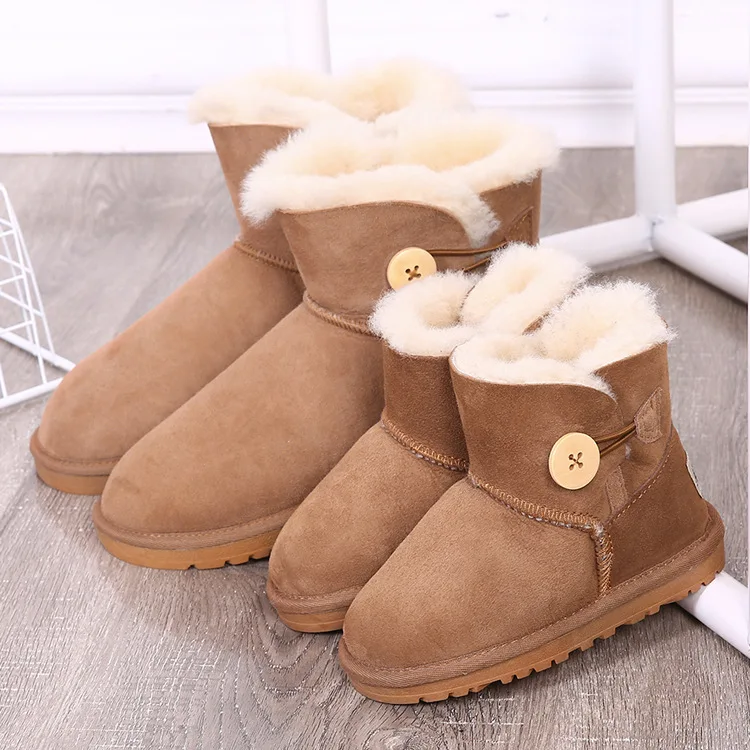 

Women Kids Sheep Leather Fur Boots with Button ,Winter Snow Boots for Mother Son Daughter,Baby Snow wear Shoes Waterproof