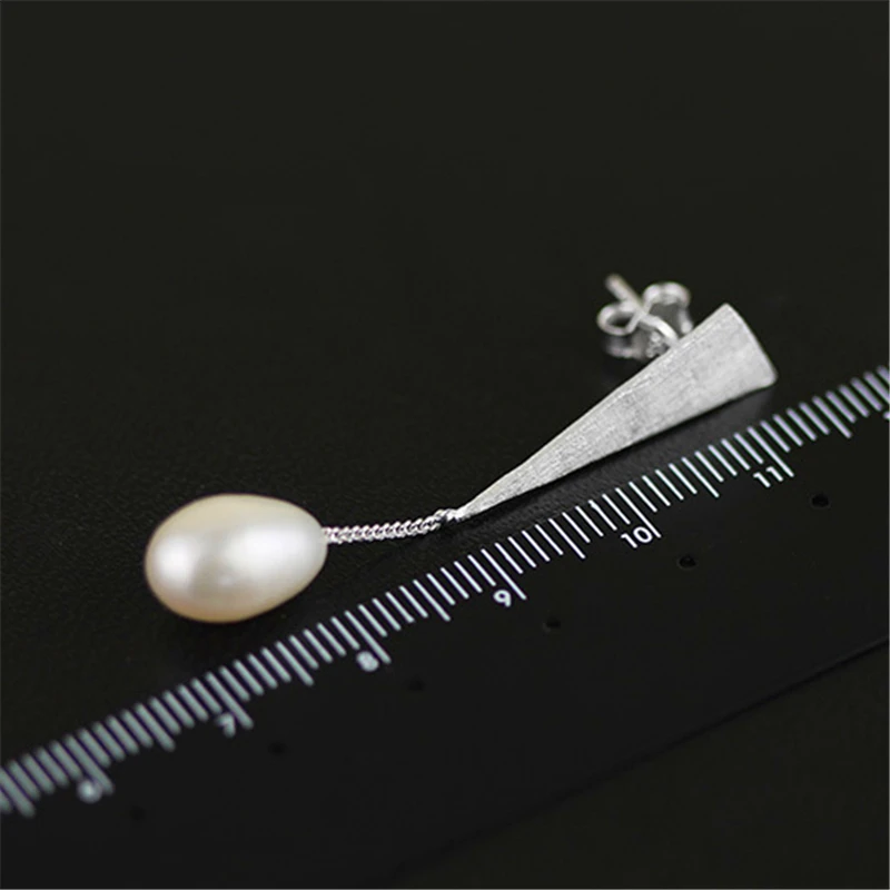 Lotus Fun Real 925 Sterling Silver Natural Pearl Original Handmade Fine Jewelry Triangle Water Drop Dangle Earrings for Women