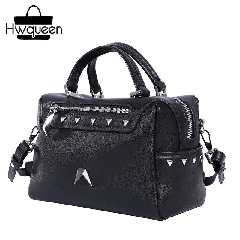 

Cool Punk Designer Genuine Cow Leather Women Small Studs Purse Zipper Closure Rivets Strap Female Shoulder Lady Pillow Handbag
