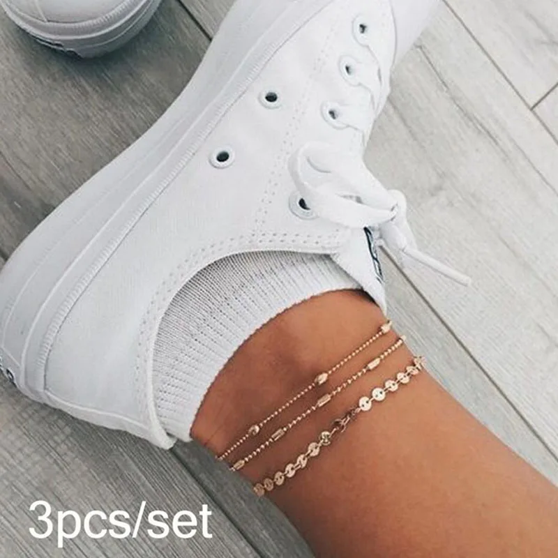 

Multilayer Gold Silver Chain Fashion Bead Sequined Ankle Bracelet Charm Summer Beach Foot Jewelry Chains Cheville Leg Bracelet