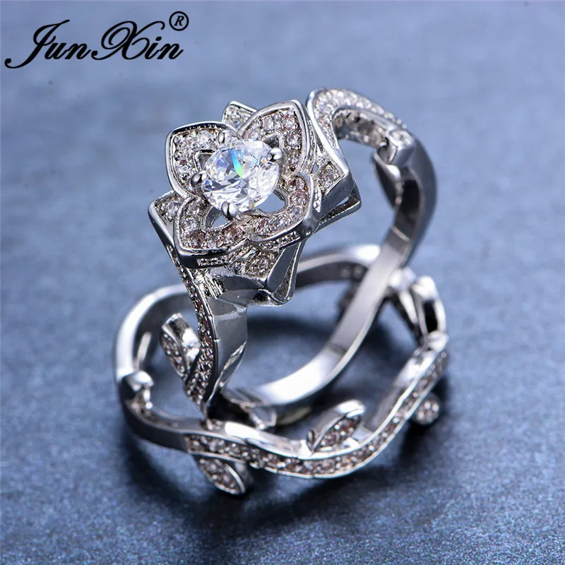 JUNXIN 80 OFF! Luxury Plant Leaf Flower Wave Ring Sets For Women 925 Silver Filled White Zircon Engagement Couples Ring Female