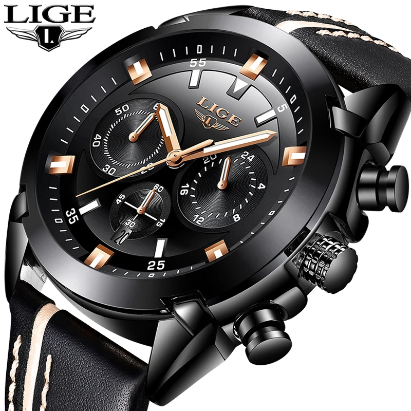 

2018 LIGE Mens Watch Top Luxury Brand Fashion Waterproof 24 Hours Quartz Leather Mens Sports Watch Chronograph Relogio Masculino