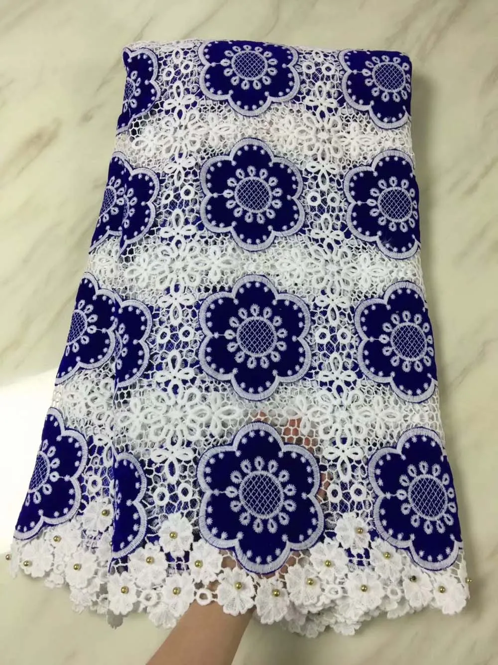 

ree shipping (5yards/pc) With the beads embroidered African velvet lace fabric in blue high quality for party dress