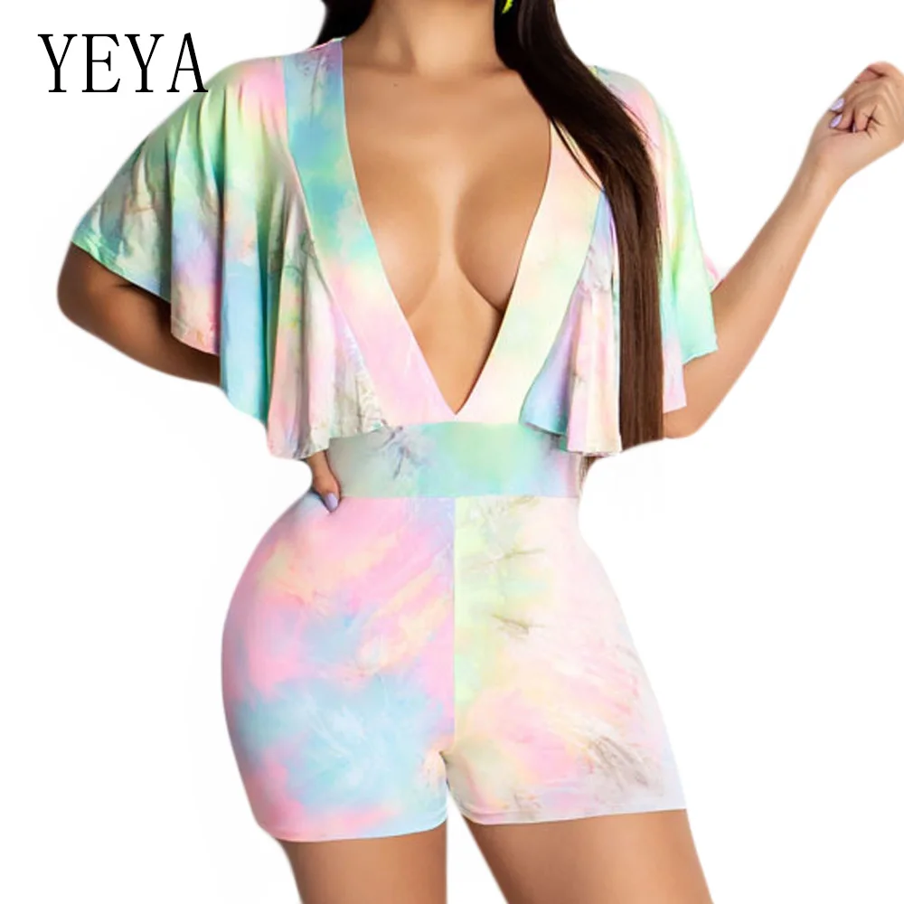 

YEYA Women's Tie-dye Printed Deep V Neck Shawl Jumpsuit Hollow Out Vintage Patchwork Ruffle Bodycon Bodysuit Summer Beachwear