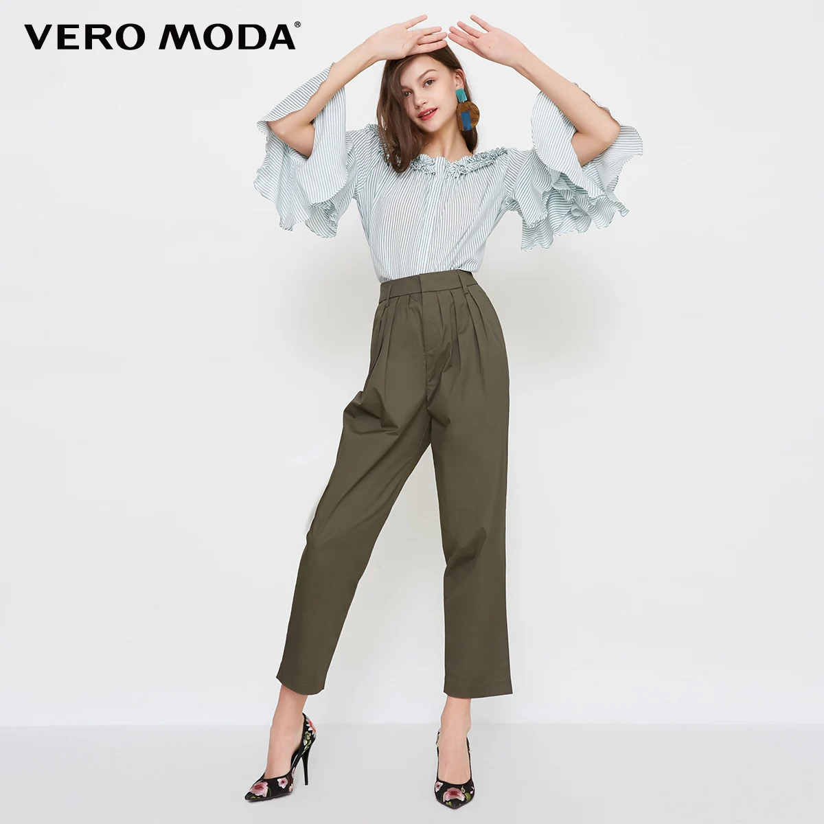 Vero Moda/Новые повседневные хлопковые укороченные брюки с высоким голенищем редиска | 318250520 - Цвет: Safari