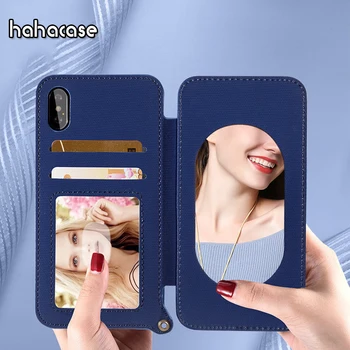 

500pcs Lanyard Mirror Leather Card Slots Wallet Flip Cases For iPhone XS Max XR X 8 7 6 6S Plus Lady Make Up Coque Stand Cover