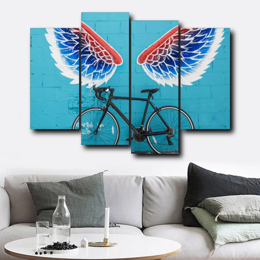 

No Frame Vintage Wall Art Abstract Wings Bicycle Brick Wall Decorative Canvas Oil Painting For Home Living Room Wedding Decor
