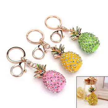 

Keychains 3D Resin Pineapple Green Yellow Rhinestone Pendant bag Keyring Charm Trinket For Women Bag Key Ring Chain New Arrival
