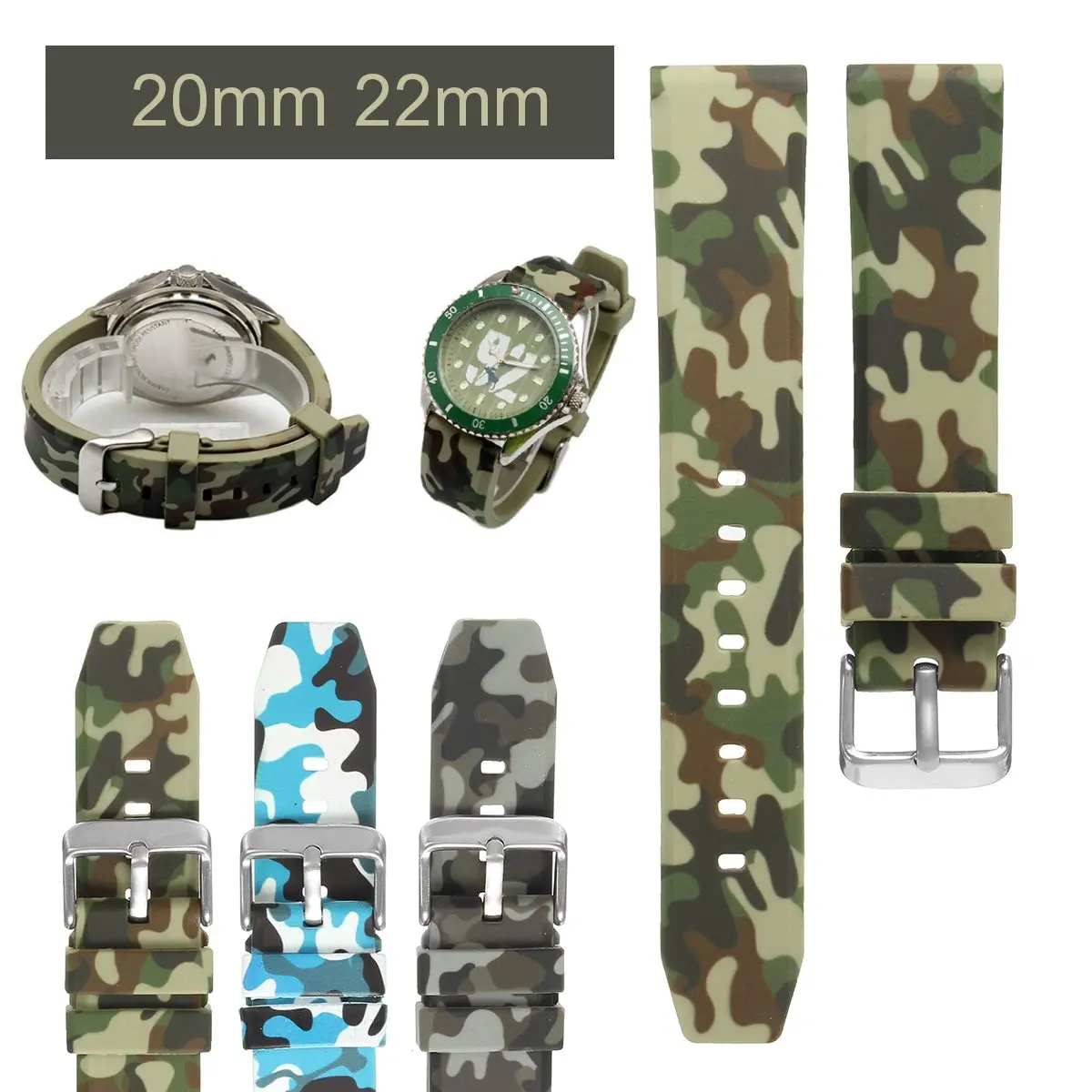 

20mm/22mm Camouflage Silicone Watchband Sports Military Army Rubber Watch Strap Belt With Stainless Steel Pin Buckle Clasp