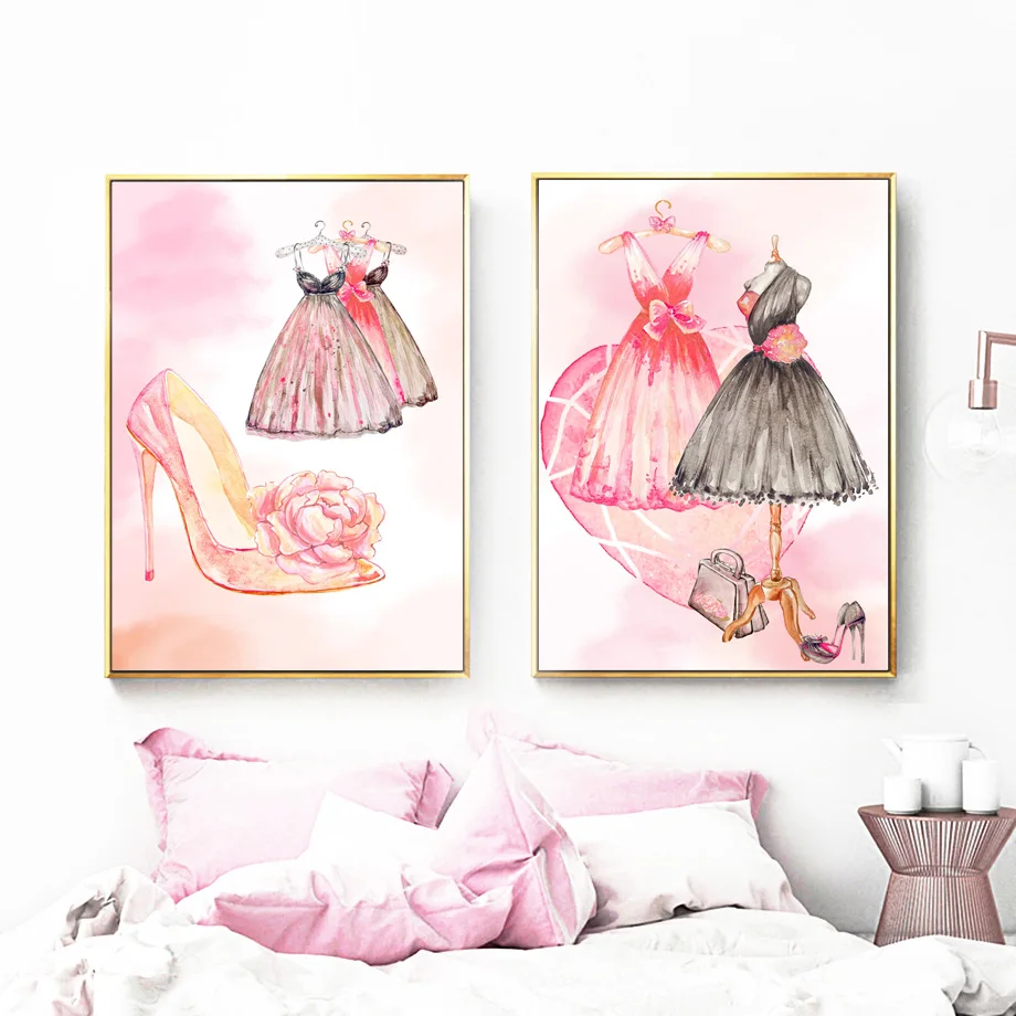 Watercolor Clothes High-Heeled Wall Art Canvas Painting Nordic Posters And Prints Wall Pictures For Living Room Girl Room Decor