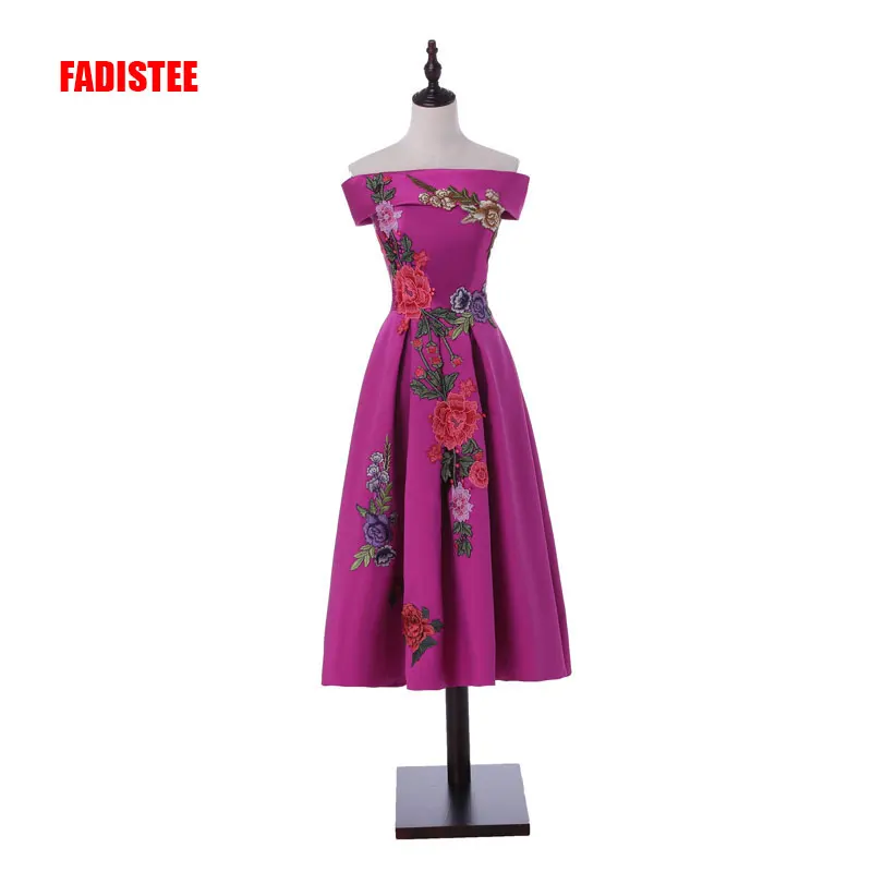

FADISTEE new arrive party prom dress Vestido de Festa boat neck A-line satin lace-up back appliques tea-length dresses