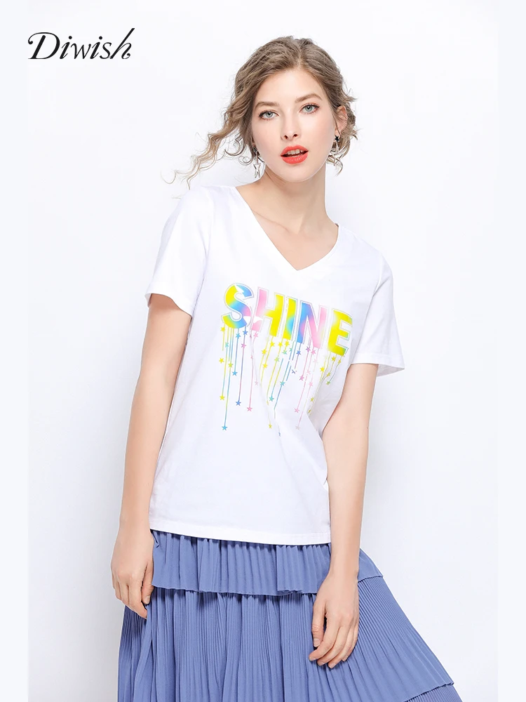 

Diwish Women T-shirts 2019 Summer Casual Colorful Letters Printed Tops Tee Female Tshirt Short Sleeve T Shirt for Women Clothing