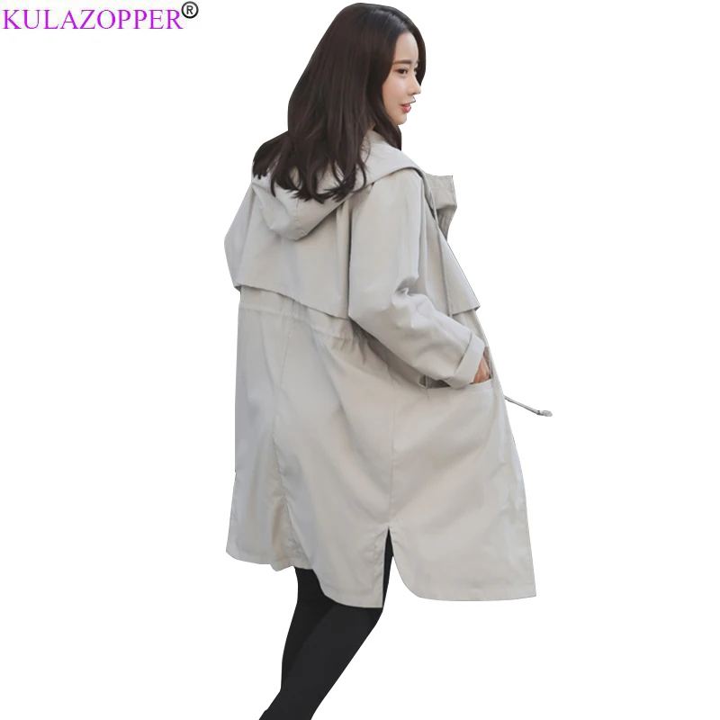 

KULAZOPPER 2019 Autumn New Women's Casual trench coat oversize Zipper Hooded Vintage Washed Outwear Loose Female Clothing YL129