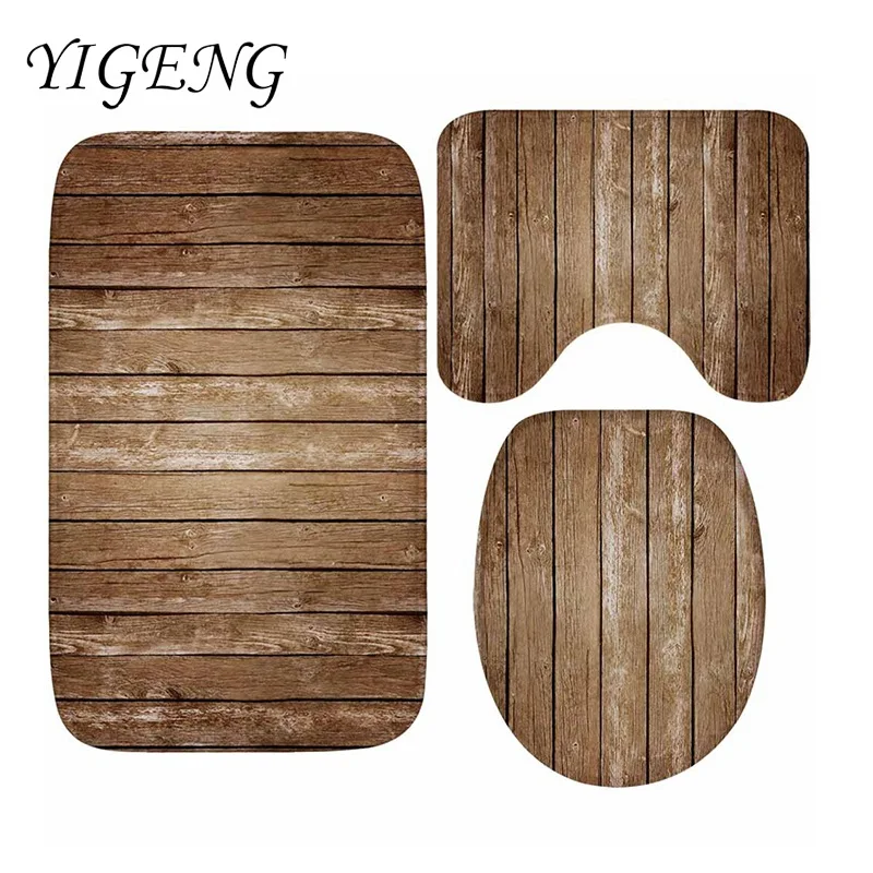 3pcs Non slip Bathroom Mats Toilet Floor Rug Wood Pattern Bath Mat