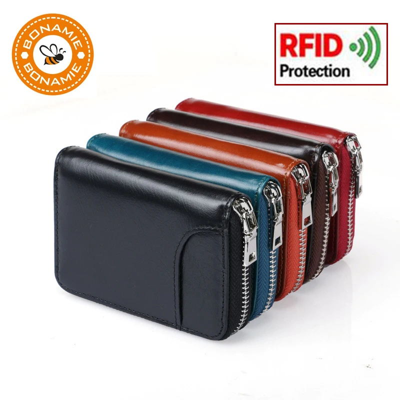 

BONAMIE Genuine Leather Function Card Case Business Card Holder Men Women Credit Card Bag ID Card Wallet RFID Blocking Red Black