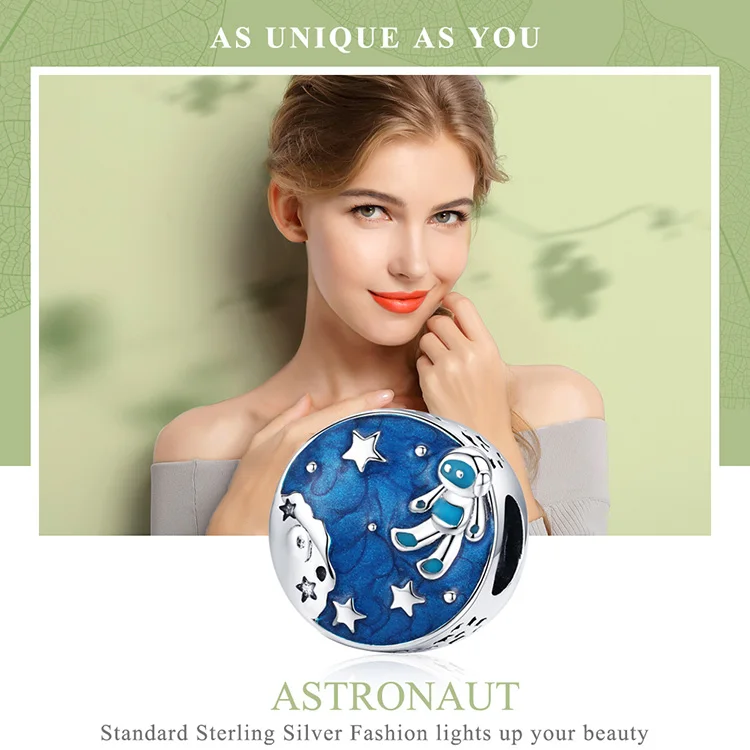 BAMOER синий эмаль круглые бусины серебро 925 космическая галактика астронавт Шарм Подходит Для Европейского модного бренда браслет 3 мм SCC1148