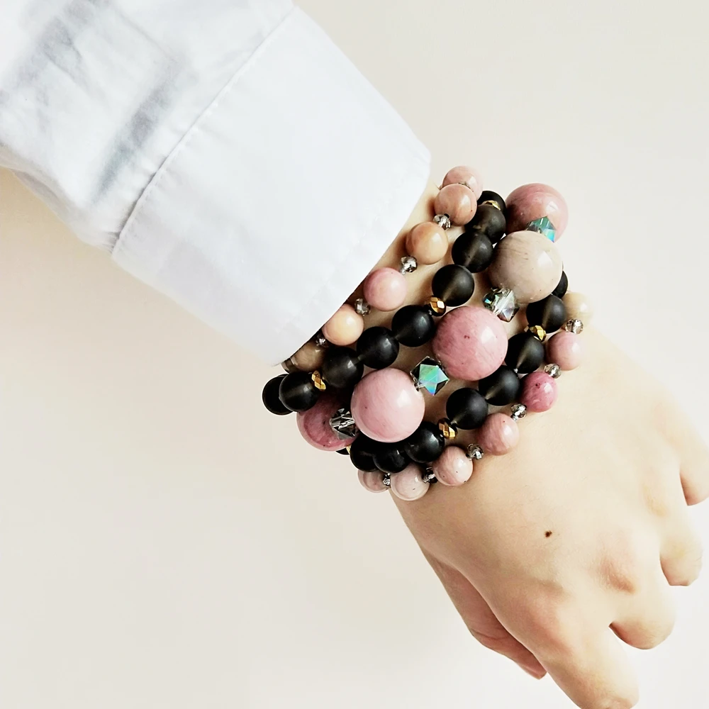 

Lii Ji Rhodonite Smoky quartzs Crystal 5 rows OT Clasp Bracelet Bohemia Style Jewelry Drop shipping