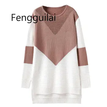 

2019 Women Hollow O Neck Pullovers Long Sleeve Sweaters Cashmere Winter Clothes Fashion Patchwork Knitted Pull Femme