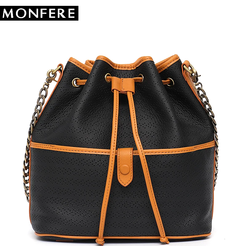 

MONFERE Luxury Brand Genuine Italian Leather Drawstring Hasp Bucket Bag Hollow Out String Fashion Girls Shoulder&Cross body Bag