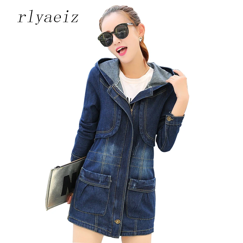 

RLYAEIZ Plus Size 4XL Denim Jacket Women 2017 Spring Autumn Fashion Middle-long Jeans Jacket Slim Hooded Coat jaqueta feminina