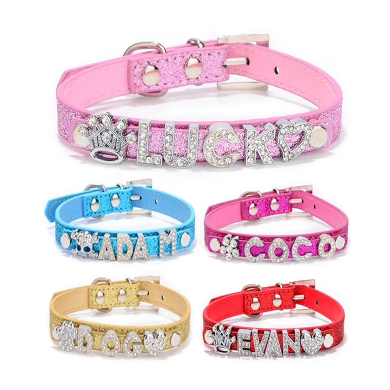 

Leather Bling Personalized Dog Collar Can Be Made With Rhinestone Buckle DIY Letter Name Pet Puppy Cat Collars Pet Supplies