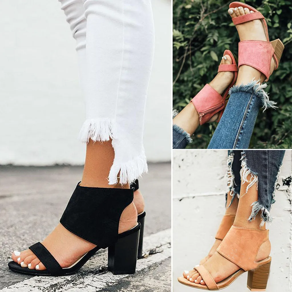 

Women's Pointed Toe Pure Color Chunky Heel sandals summer Ladies Side Covered Sandal Shoes chaussure gladiateur femme plastic