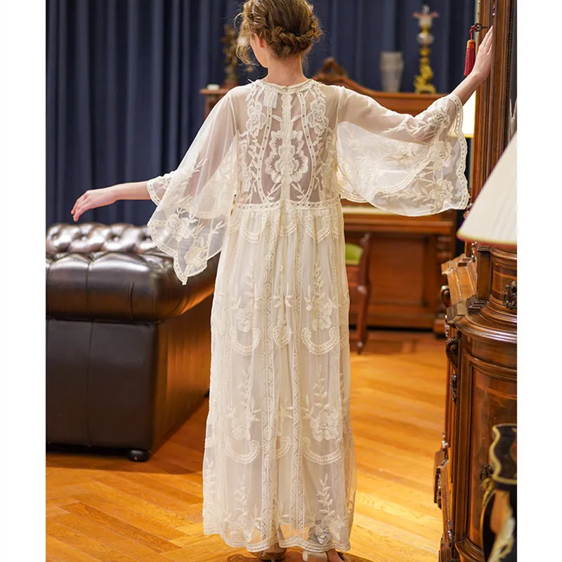 Spring Summer Women Elegant Casual Loose Exquisite Embroidery Lace Rice White Maxi Dress Vintage Mori Girls Long Mesh Dresses