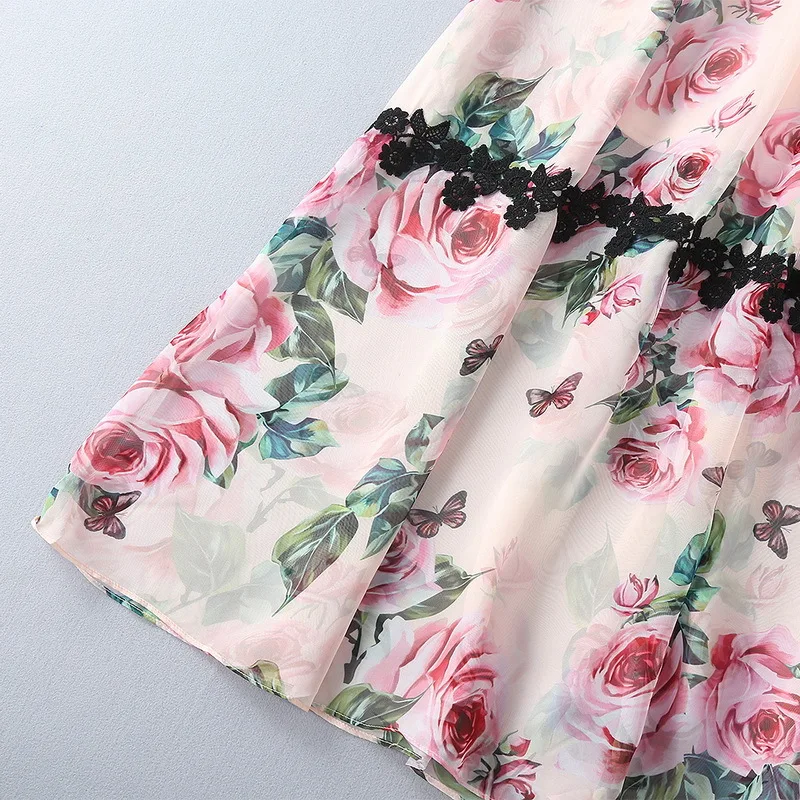 Роскошное дизайнерское Брендовое шифоновое платье для женщин, 3D цветы, кружевная вышивка, принт розы, длинное розовое платье