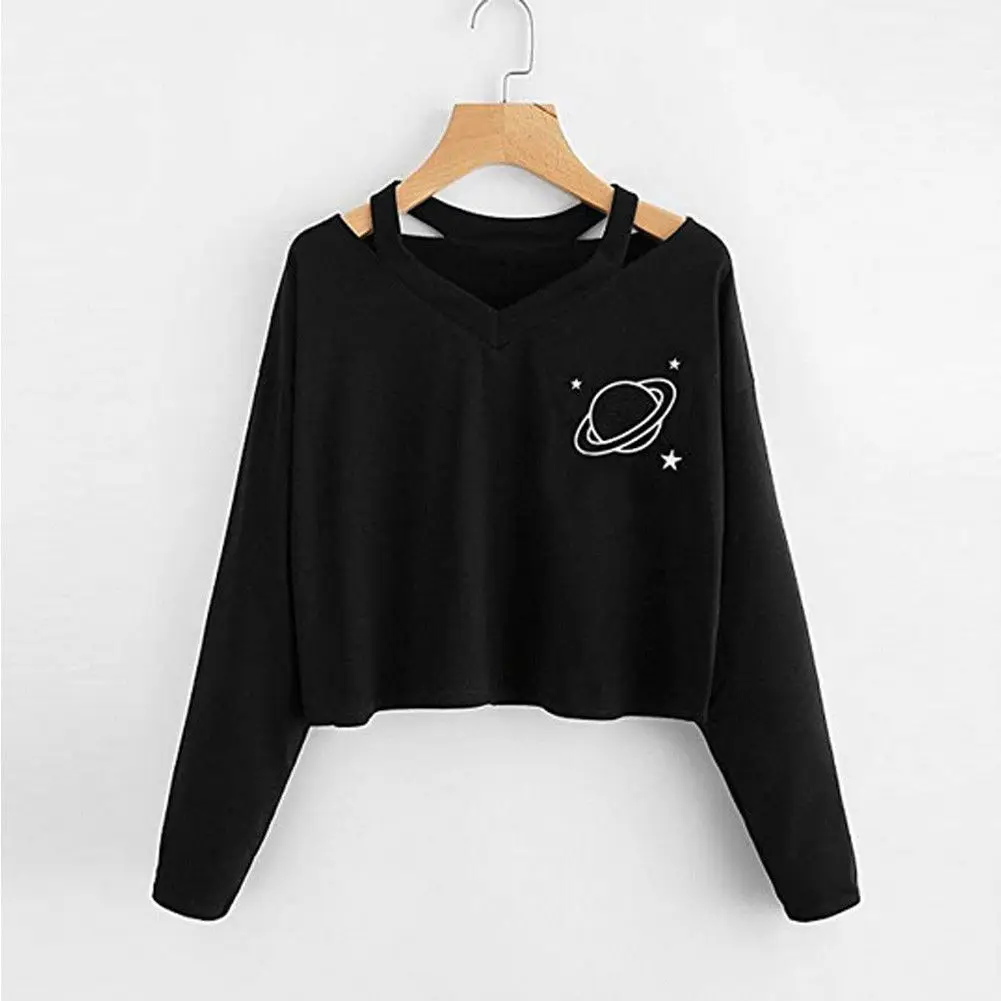 Осенние новые женские повседневные футболки джемпер Однотонная футболка Kawaii Crop Top пуловер с длинным рукавом Топы Мода