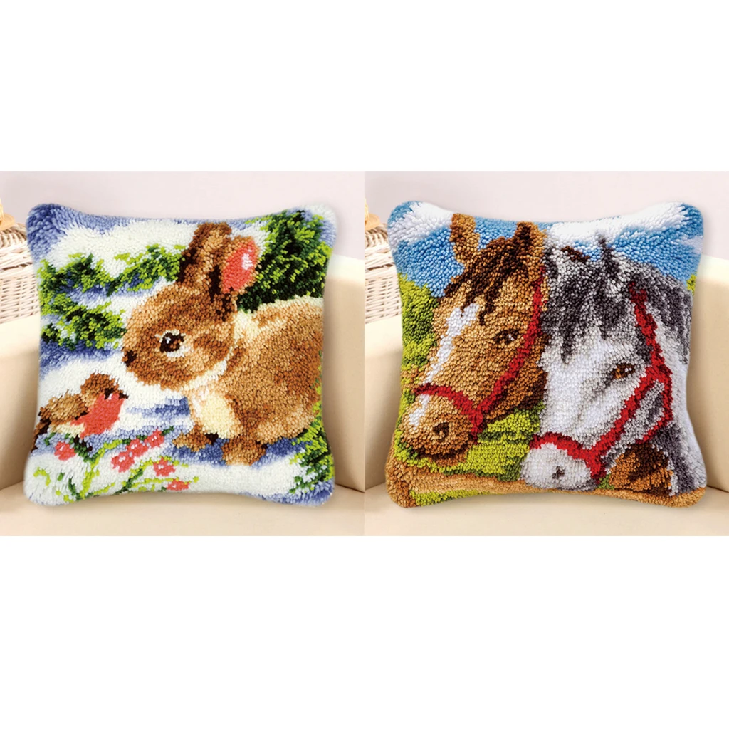 2 Sets Rabbit Horse Latch Hook Kits For Adults Beginners DIY Pillow Case Sofa Cushion Cover
