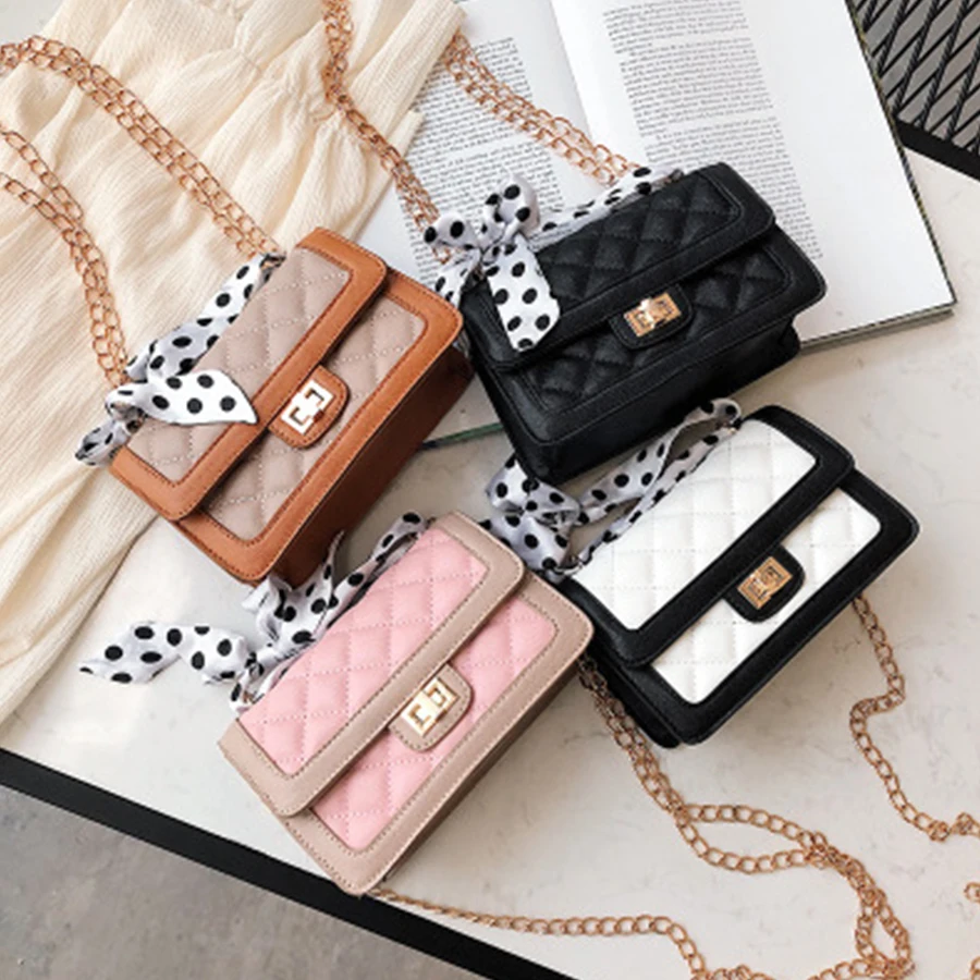 

Casual Chains Scarf Bow Women's Handbags Simple PU Leather Shoulder Bag Ladies Fashion Silk Scarf Flip Crossbody Messenger Bag