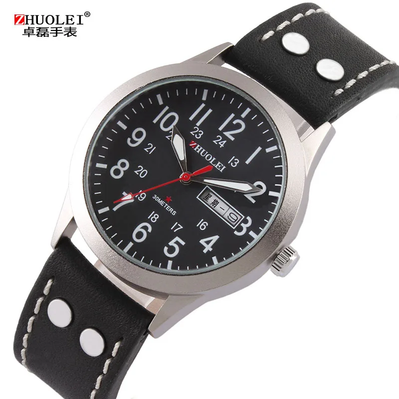 2014 New Zhuolei Men Watches Business Quartz Wristwatches Leather Watch Band Strap 2014 New Fashion Casual