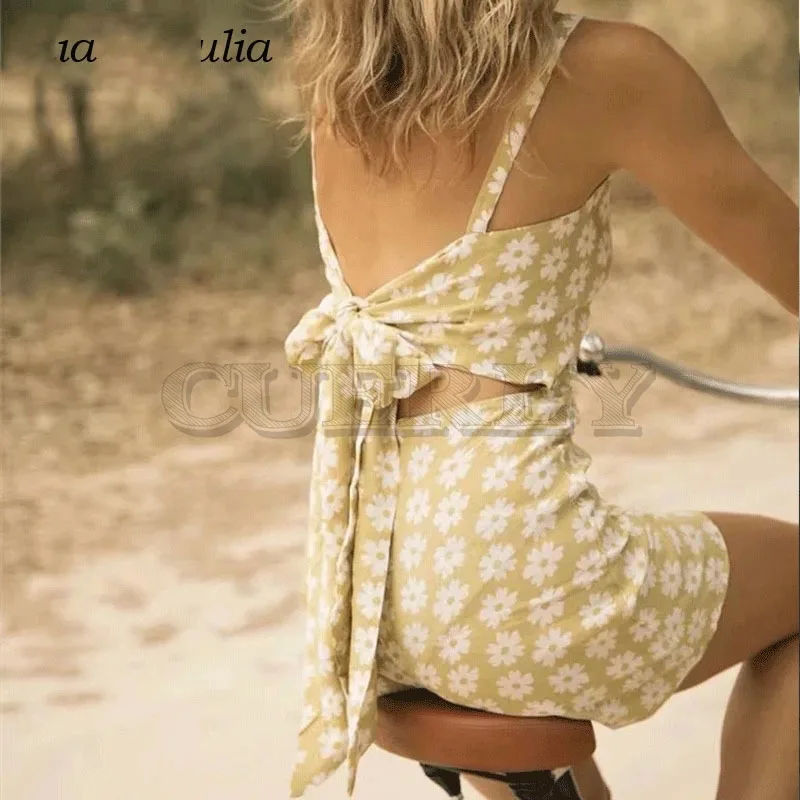 

Cuerly 2019 summer chic flower print bow dress women a line backless sundress boho beach wear L5
