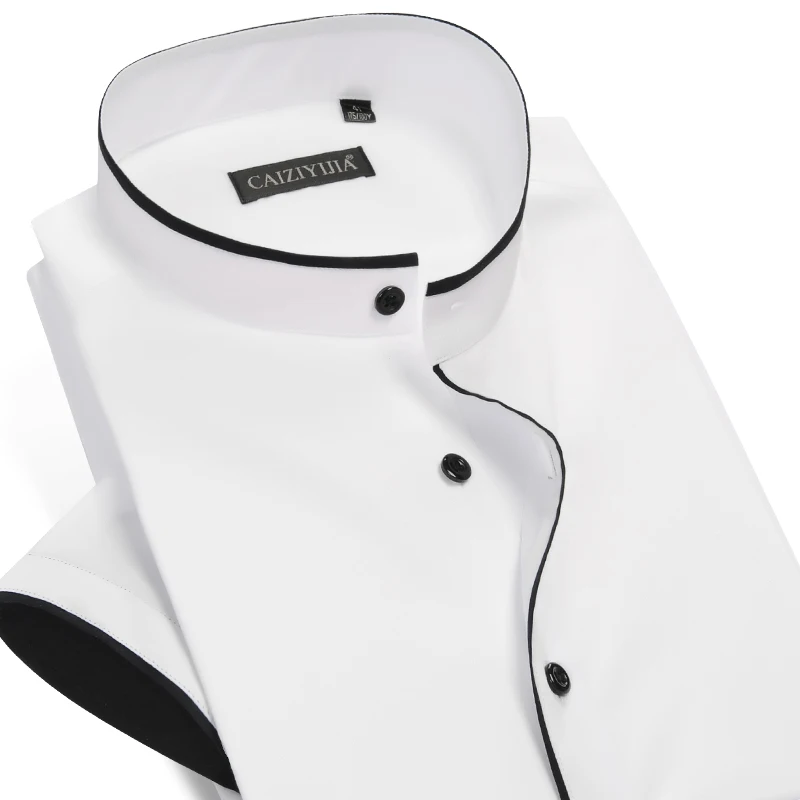 

Mandarin Collar Short Sleeve Shirts 100% Cotton Men Summer Shirts Slim Fit