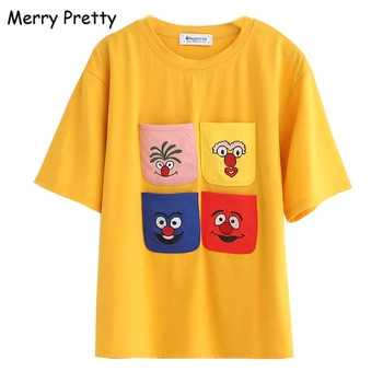 

Merry Pretty Women Cartoon Embroidery Pockets T Shirts 2019 Summer Short Sleeve O-Neck Cotton Yellow T Shirt Harajuku Tops Tee