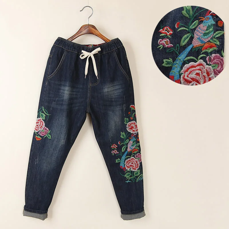 

Vintage national trend plus size loose embroidery flower jeans female harem pants trousers