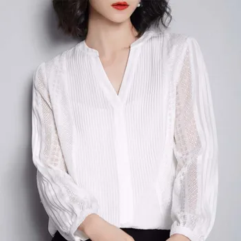 

G495017 Women Blouse Lace Shirt Female Long-sleeved Spring V-neck Temperament Blouse Shirt Solid Causal Tops