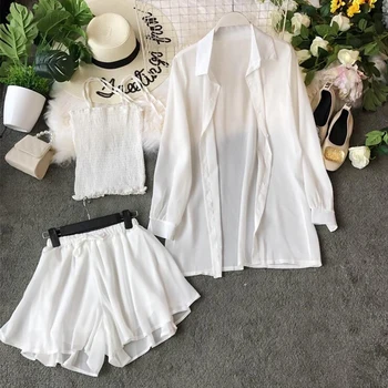 

2019 Spring summer Korean version Three-piece suit female chiffon sling+ Wide leg shorts+Solid color sunscreen cardigan coat