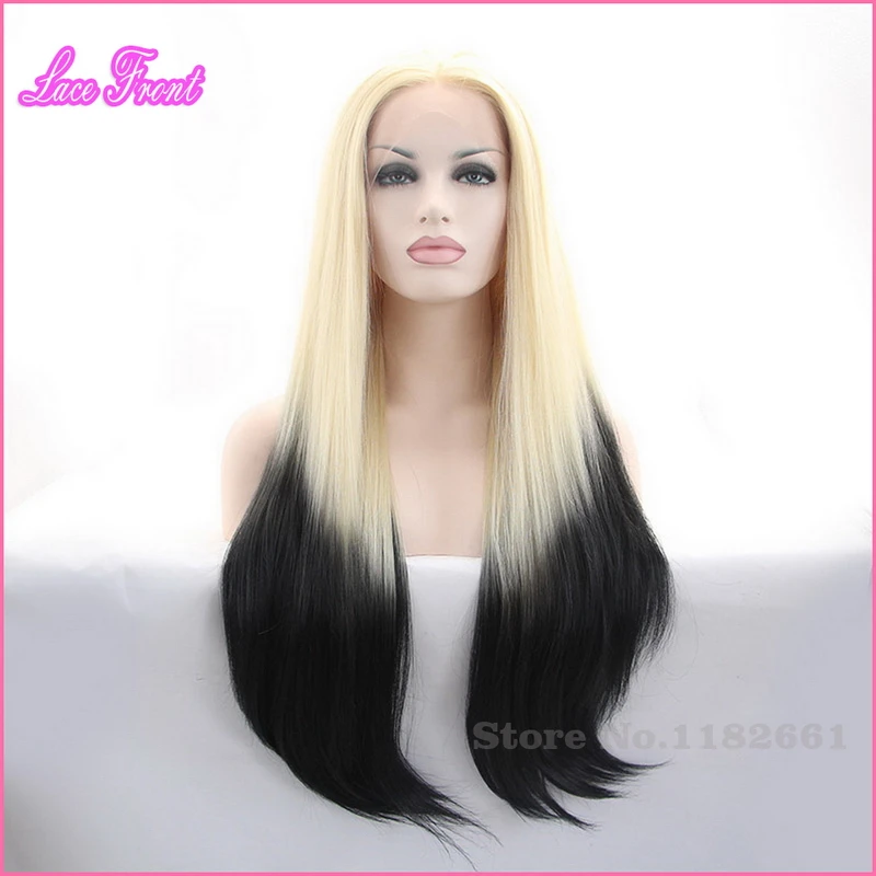 

Fashion Sexy U Part Two Tone Light Blonde Black Ombre Lace Front Wig Long Straight Hair For Women 75cm